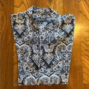 Zara Navy and White Paisley Short Sleeve Shirt